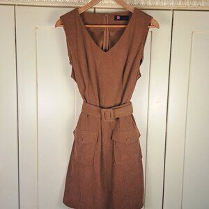 Kancy Kole Brown Corduroy Bib Overall Belted Midi Dress Size Lg